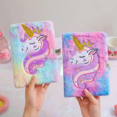 Plush Sparkly Unicorn Kids Diary with Lock Notebook Journal Birthday Christmas Gift Embroidery Fuzzy A5 Secret Diary