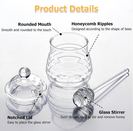 Glass Honey Jar with Dipper – Elegant and Practical Honey Storage – Made of Clear Glass for Easy Viewing – Includes a Wooden Dipper for Convenient and Mess-Free Serving – Ideal for Kitchen or Dining Table Use