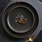 10-Inch Frosted Black Plate with Gold Rim Elegant Ceramic Dinnerware for Home and Restaurant Modern Matte Finish Durable and Scratch-Resistant for Everyday Use and Special Occasions