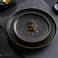 10-Inch Frosted Black Plate with Gold Rim Elegant Ceramic Dinnerware for Home and Restaurant Modern Matte Finish Durable and Scratch-Resistant for Everyday Use and Special Occasions