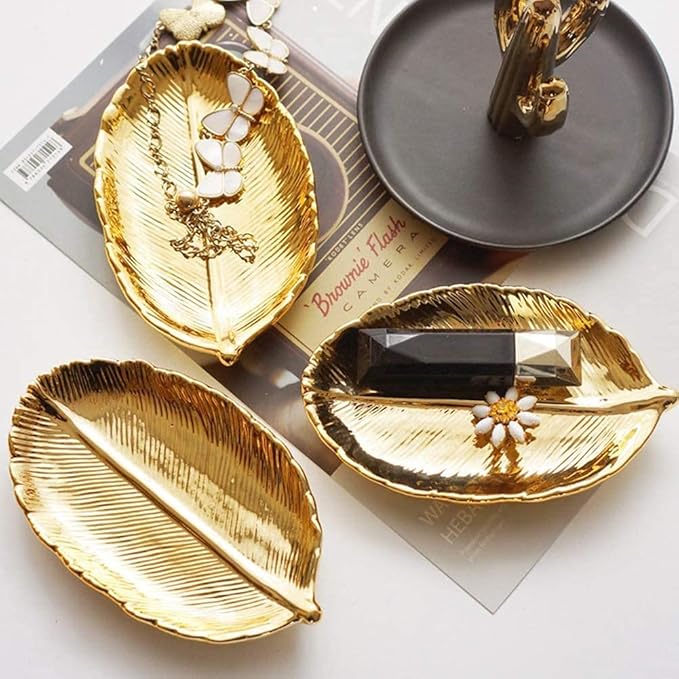 Nordic Golden Leaves Ceramic Plate - Porcelain Candy Tray, Trinket Dish, and Jewelry Storage - Elegant Tableware Decorative Piece for Home Decor and Organizing Small Items