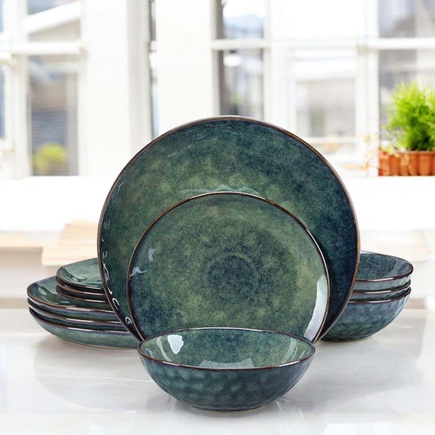 Waterdrop Fog Green Stoneware Crockery Set - 16-Piece Dinnerware Set - Elegant and Durable for Dining, Serving, and Entertaining with a Soft, Contemporary Look