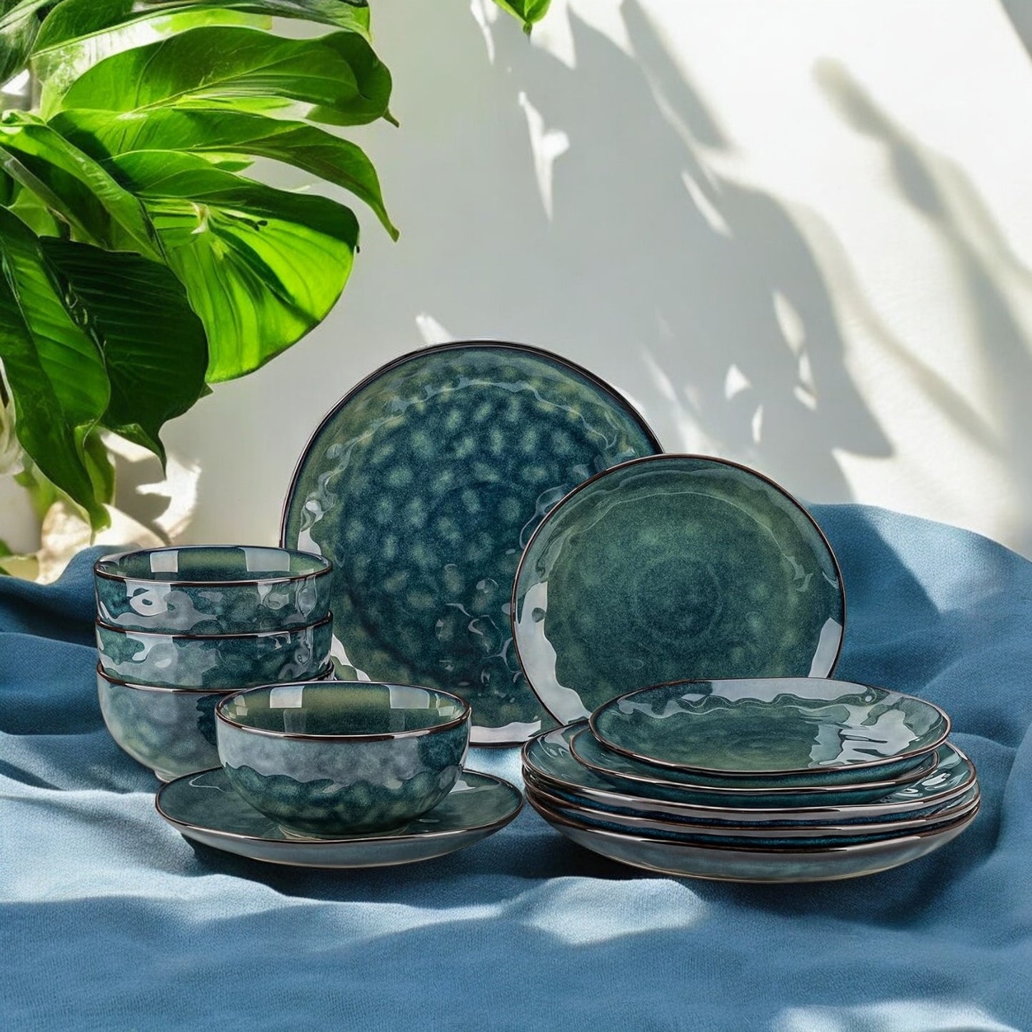 Waterdrop Fog Green Stoneware Crockery Set - 16-Piece Dinnerware Set - Elegant and Durable for Dining, Serving, and Entertaining with a Soft, Contemporary Look