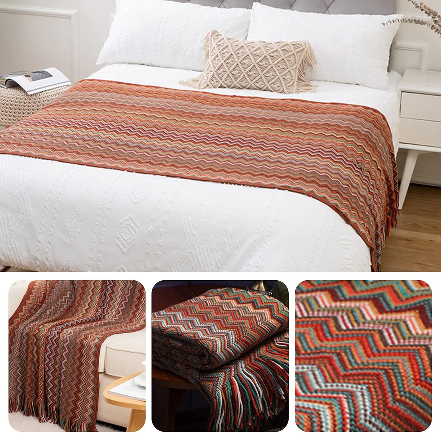 Bohemian throw blanket with tassels – soft knitted blanket in vibrant colors, perfect for sofa, couch, chair, or bed, adds warmth and style to home décor, lightweight, cozy, and ideal for all seasons.