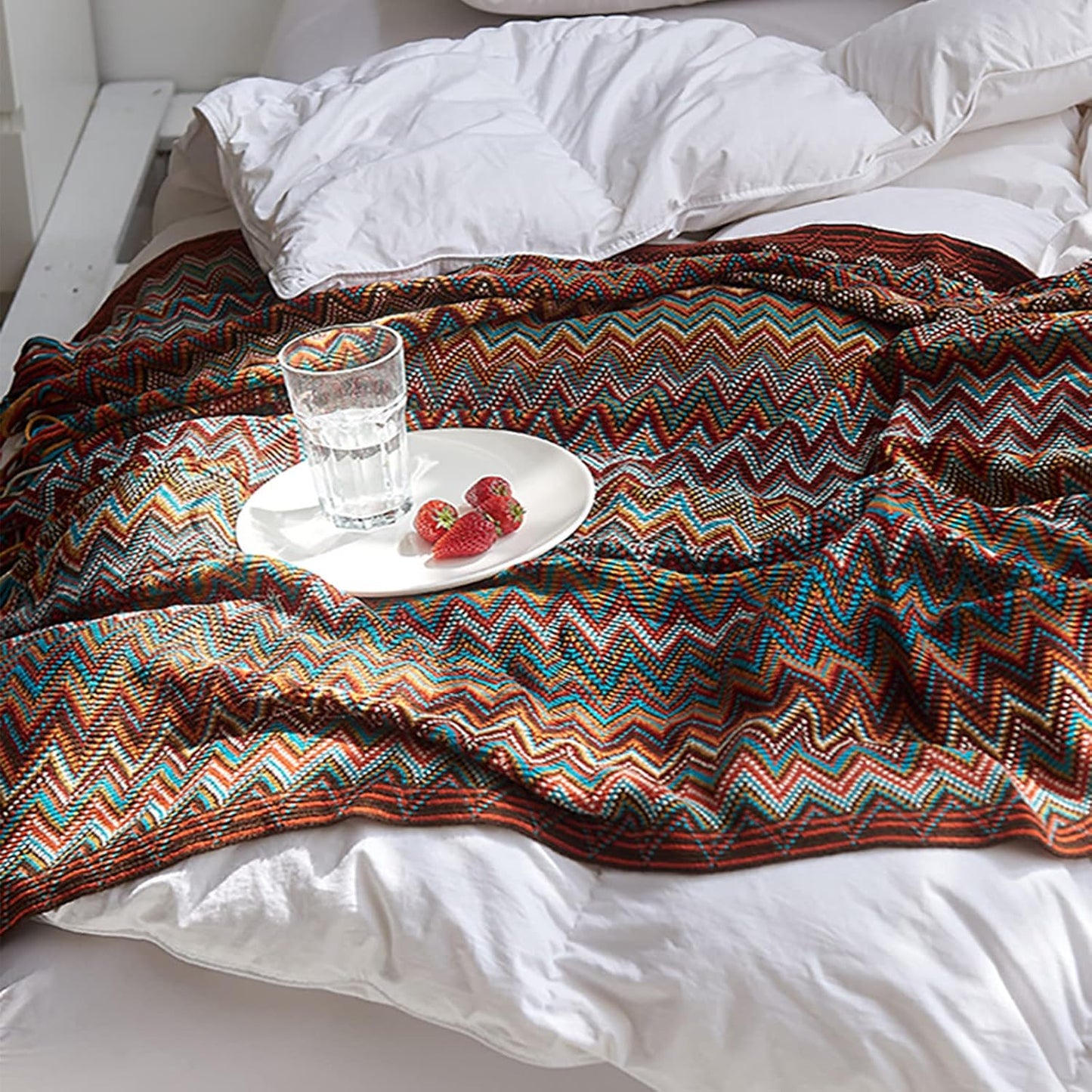 Bohemian throw blanket with tassels – soft knitted blanket in vibrant colors, perfect for sofa, couch, chair, or bed, adds warmth and style to home décor, lightweight, cozy, and ideal for all seasons.