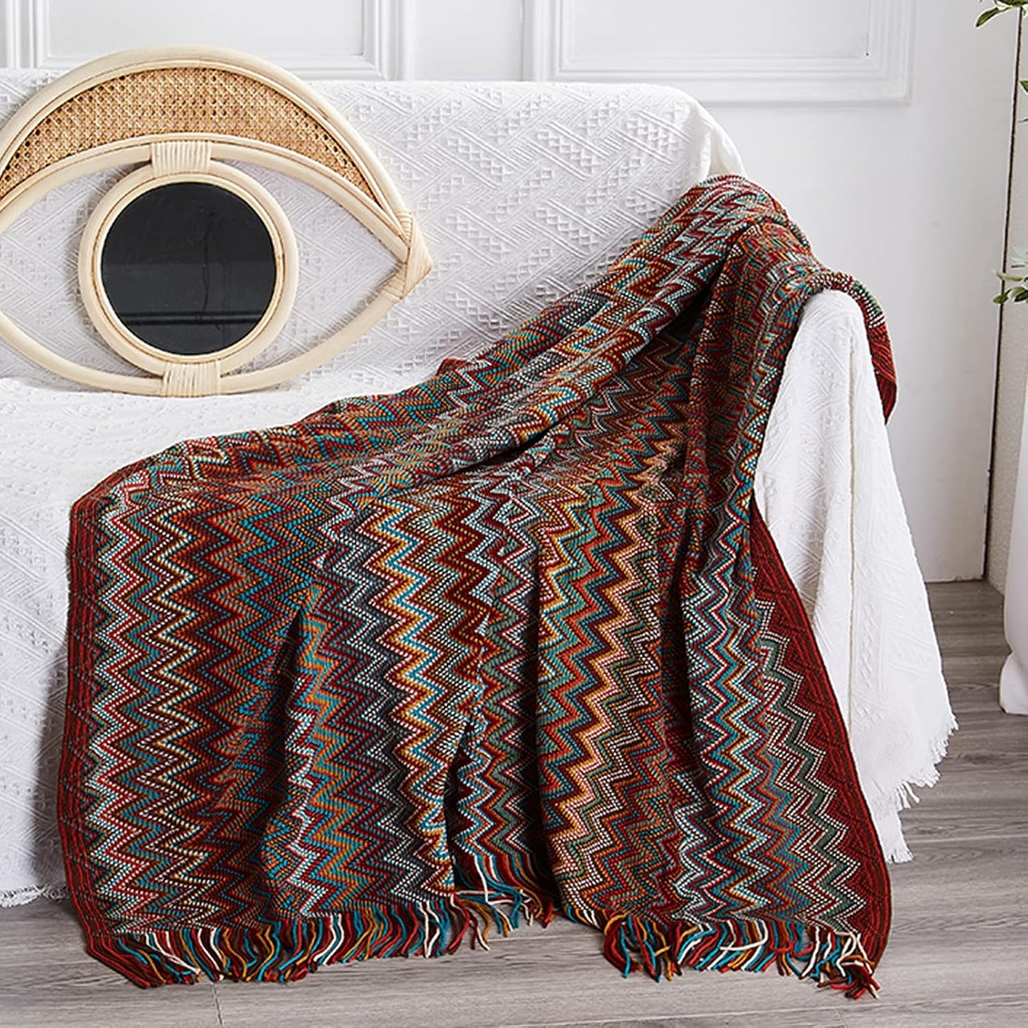 Bohemian throw blanket with tassels – soft knitted blanket in vibrant colors, perfect for sofa, couch, chair, or bed, adds warmth and style to home décor, lightweight, cozy, and ideal for all seasons.