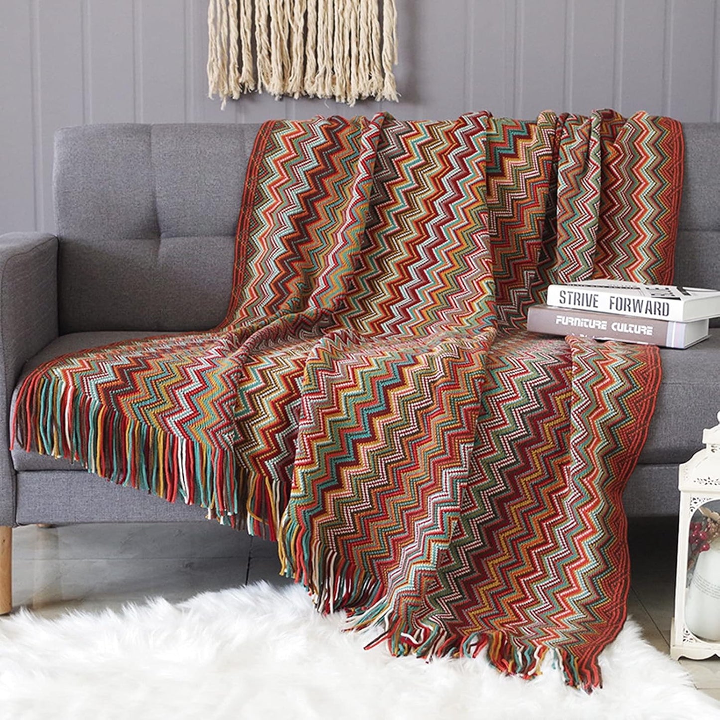 Bohemian throw blanket with tassels – soft knitted blanket in vibrant colors, perfect for sofa, couch, chair, or bed, adds warmth and style to home décor, lightweight, cozy, and ideal for all seasons.
