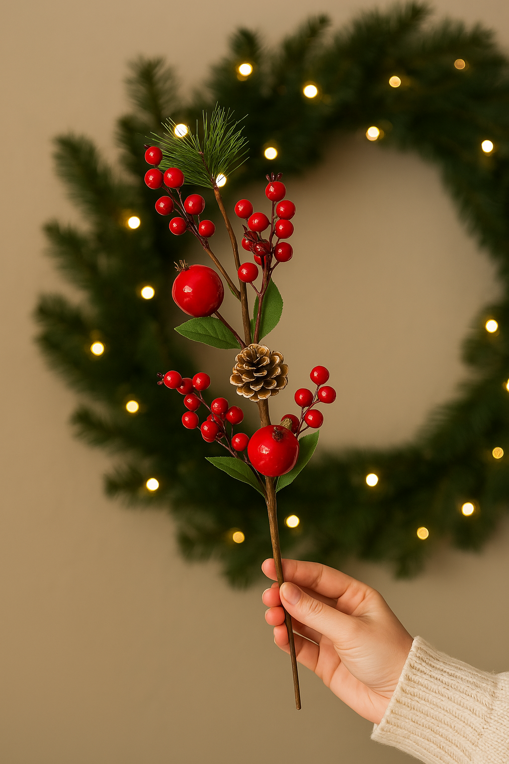 Red Berry & Pomegranate Stem 26 cm – Festive Artificial Stem with Vibrant Red Berries and Lifelike Pomegranates – Perfect for Holiday Wreaths, Garlands, Floral Arrangements, and Seasonal Décor
