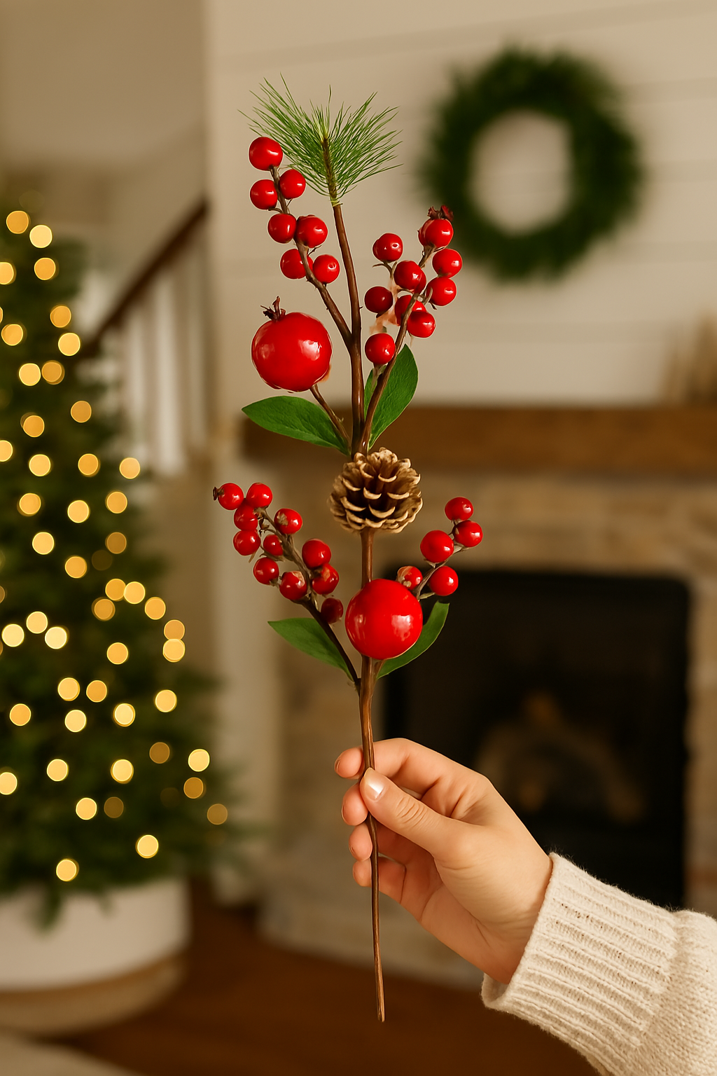Red Berry & Pomegranate Stem 26 cm – Festive Artificial Stem with Vibrant Red Berries and Lifelike Pomegranates – Perfect for Holiday Wreaths, Garlands, Floral Arrangements, and Seasonal Décor
