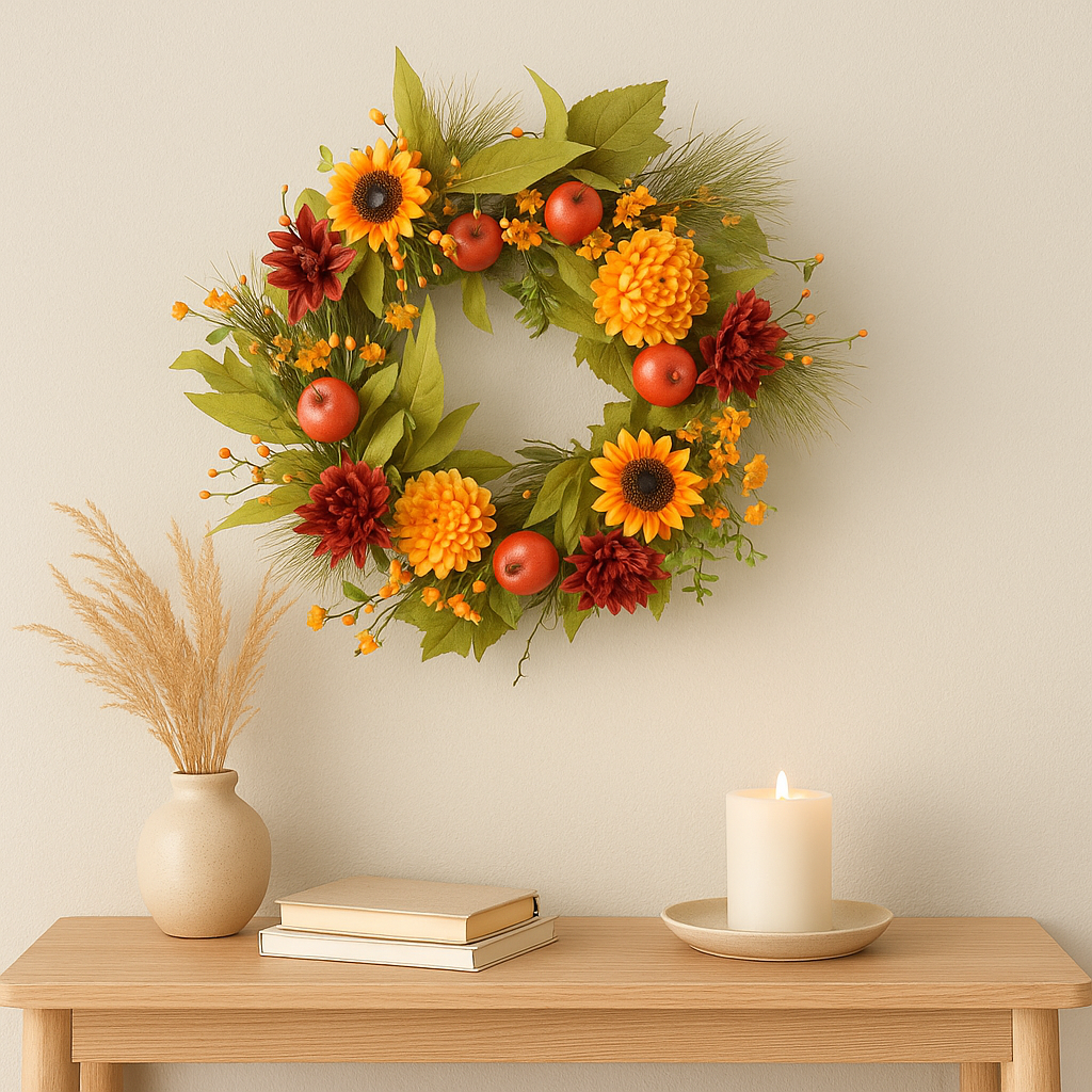 Harvest Sparkle Large Wreath 60 cm - Festive Autumn Wreath with Glittering Accents, Pumpkins, and Fall Foliage - Perfect for Seasonal Home Décor and Door Display