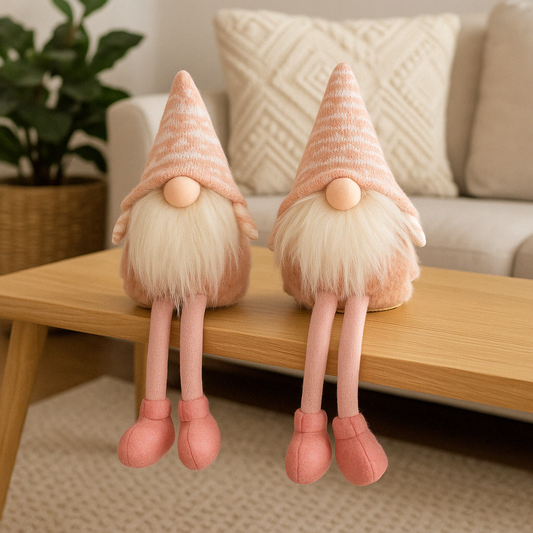 Whimsy Blush Sitting Gnome (Set of 2) – Adorable Decorative Gnome Figurines with Soft Blush Tones – Perfect for Holiday Displays, Mantels, Shelves, and Whimsical Home Décor