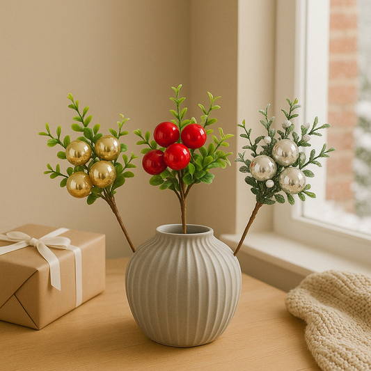 Eucalyptus & Bauble Pick (Set of 3) – Festive Artificial Picks with Eucalyptus Leaves and Decorative Baubles – Perfect for Holiday Arrangements, Wreaths, Garlands, and Seasonal Décor