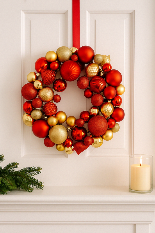 Red & Gold Shatterproof Bauble Wreath 33 cm Festive Christmas Decoration for Doors, Walls, and Mantels, Holiday Ornament Wreath with Glitter Accents for Seasonal Home Styling