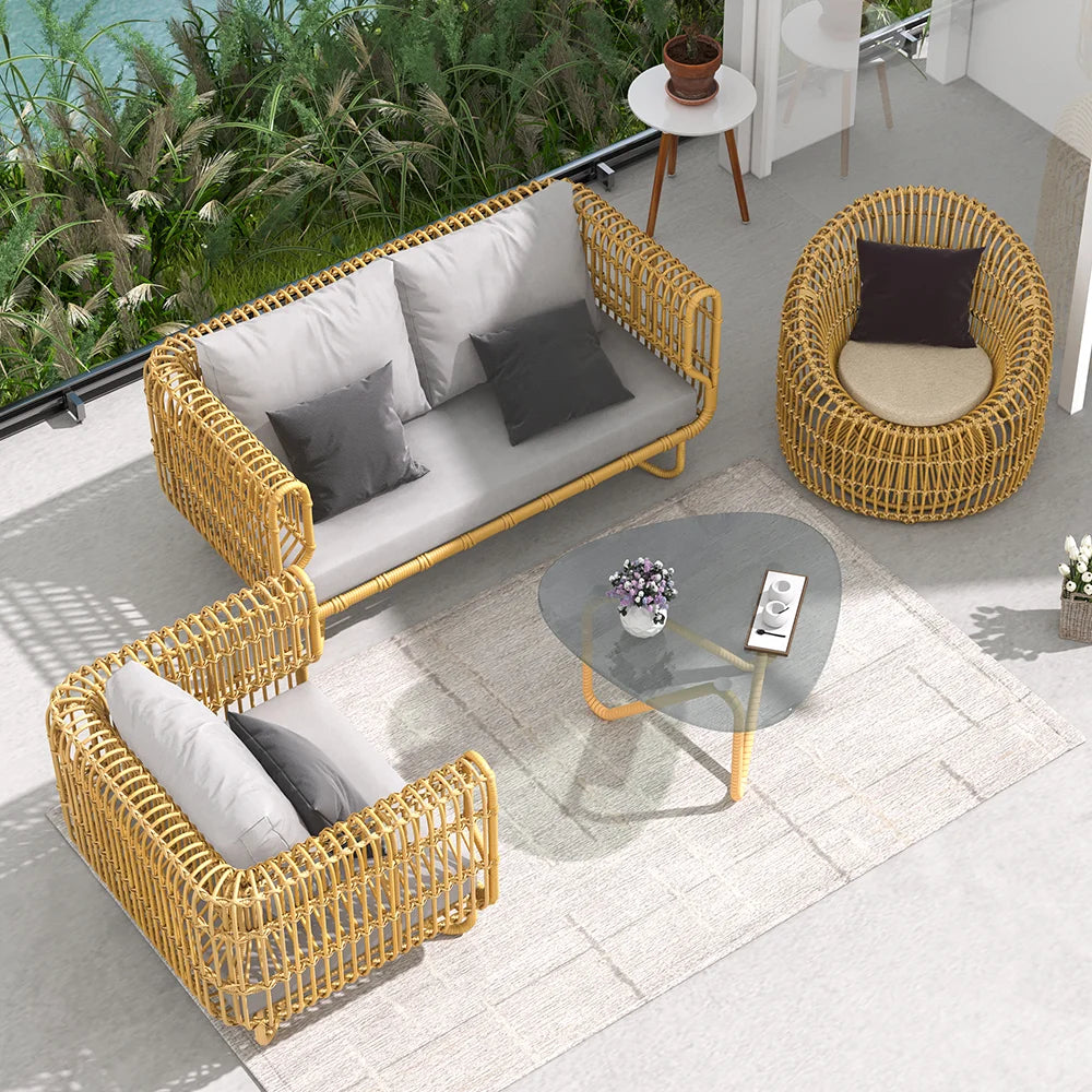 Modern Wicker Furniture Set - Outdoor Patio Sofa and Dining Table with Chairs - Carton Garden Leisure Set for Comfortable and Stylish Outdoor Living