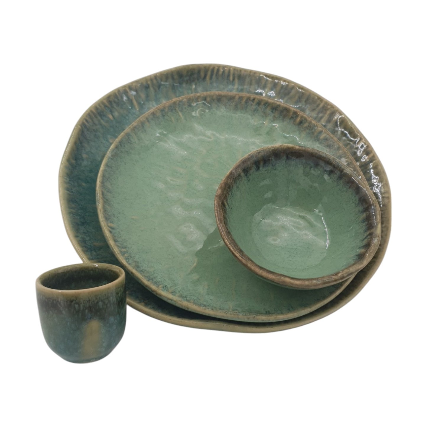Embossed Crystal Green Stoneware Crockery Set - 16-Piece Dinnerware Set - Elegant and Durable for Dining, Serving, and Entertaining in Style