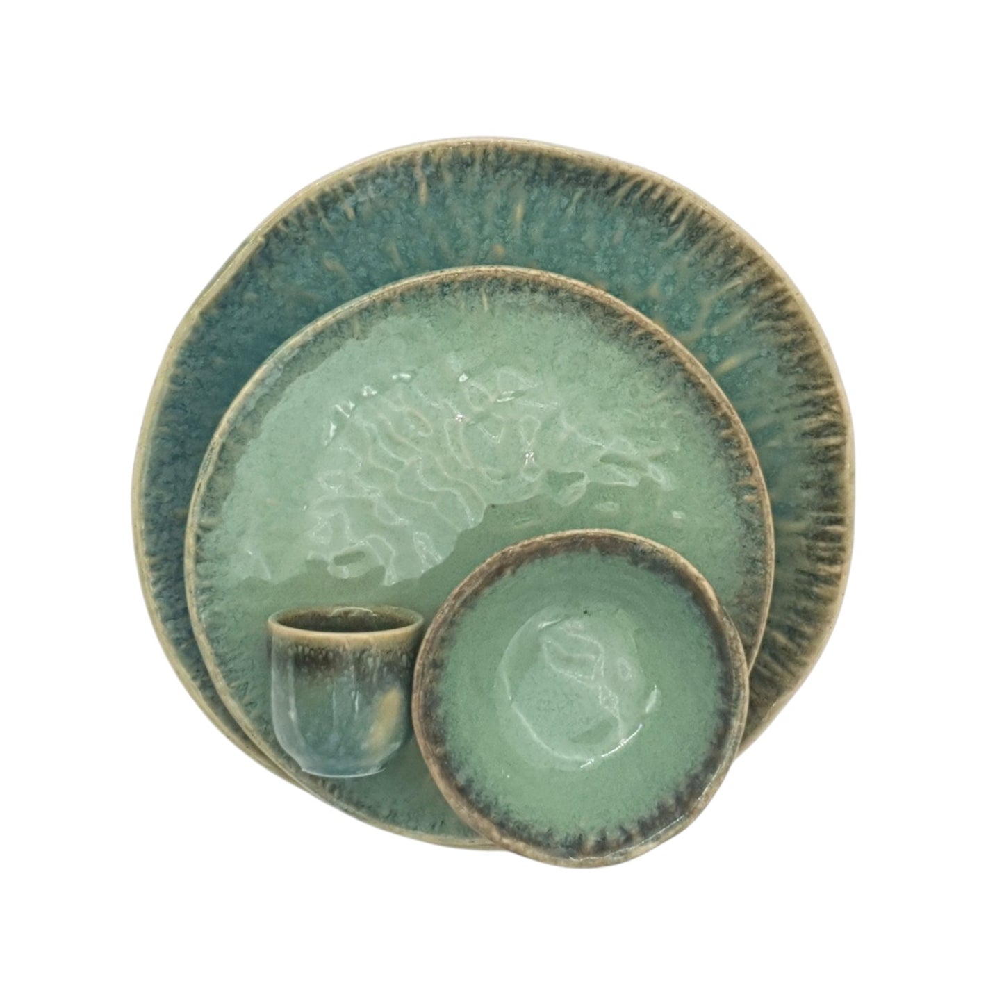 Embossed Crystal Green Stoneware Crockery Set - 16-Piece Dinnerware Set - Elegant and Durable for Dining, Serving, and Entertaining in Style