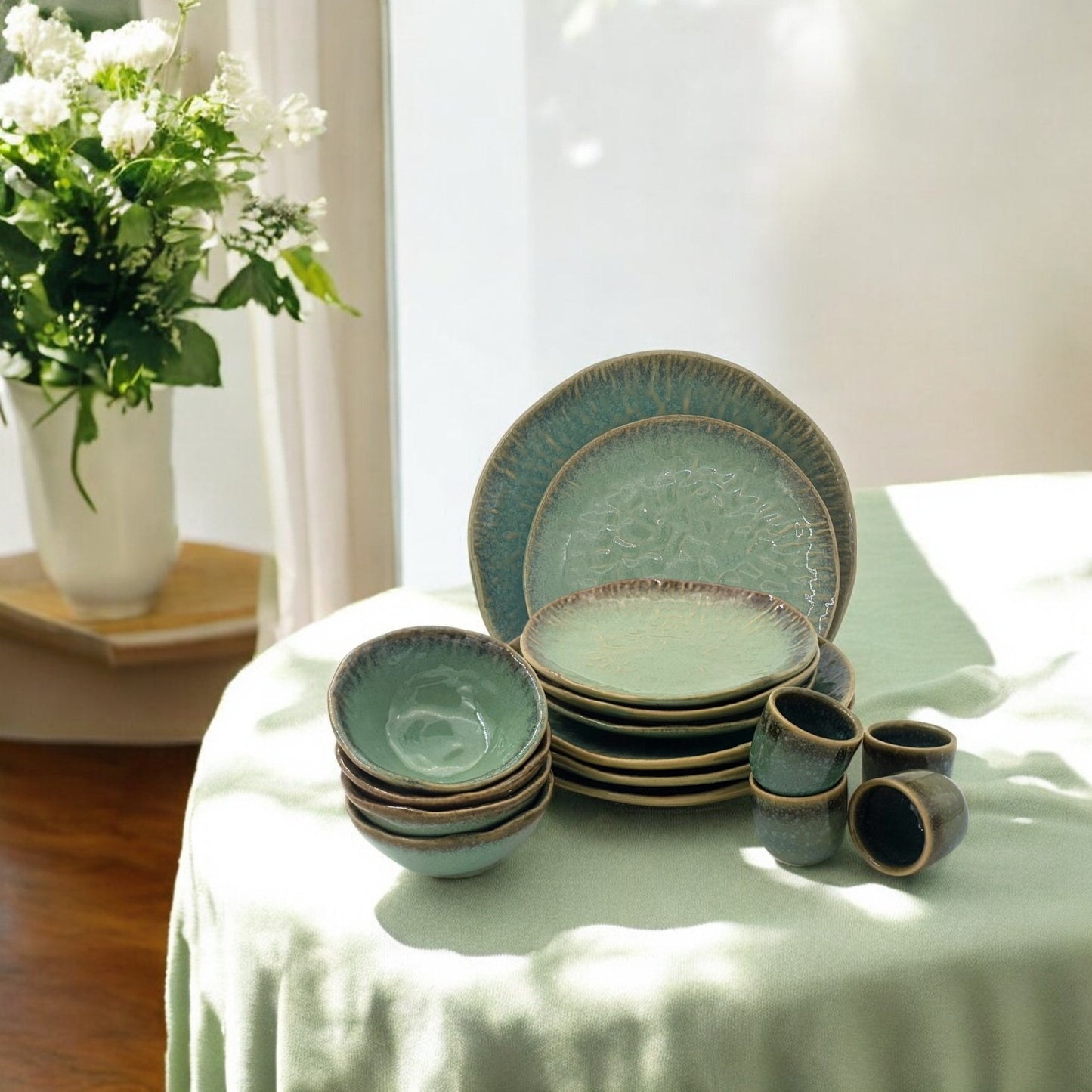 Embossed Crystal Green Stoneware Crockery Set - 16-Piece Dinnerware Set - Elegant and Durable for Dining, Serving, and Entertaining in Style