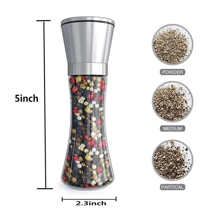 Manual Stainless Steel Spice Grinder – Salt and Pepper Mill with Portable Glass Bottle – Adjustable Coarseness for Fresh Grinding – Stylish and Practical for Kitchen or Dining Table Use