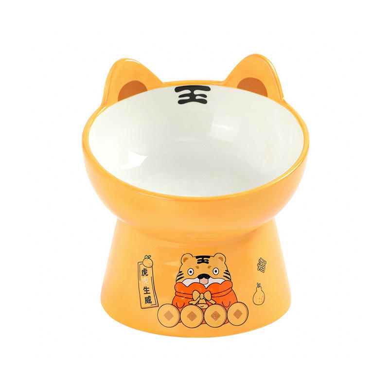 Small Tiger Elevated High Leg Oblique Mouth Bowl Increases Neck Protection Flat Mouth Pet Bowl