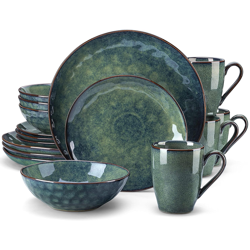 Waterdrop Fog Green Stoneware Crockery Set - 16-Piece Dinnerware Set - Elegant and Durable for Dining, Serving, and Entertaining with a Soft, Contemporary Look