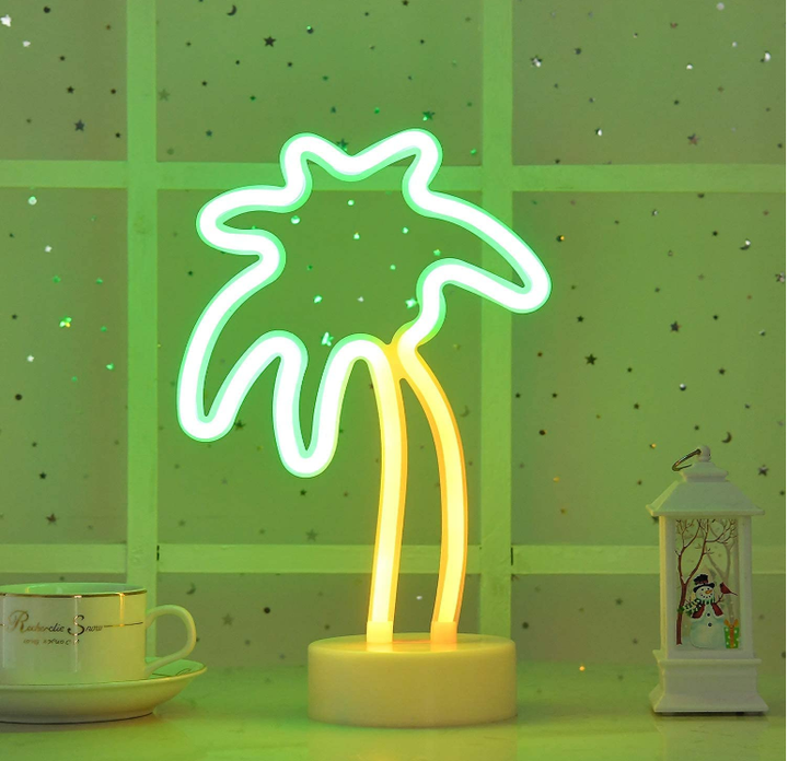 LED Coconut Tree Neon Lights Sign with Stand Base, Battery or USB Powered, 28cm, IP20, 4000h Working Lifetime, Perfect for Home Decor, Parties, and Holiday Decorations, Green Neon Light