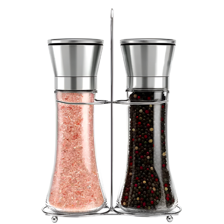 Manual Stainless Steel Spice Grinder – Salt and Pepper Mill with Portable Glass Bottle – Adjustable Coarseness for Fresh Grinding – Stylish and Practical for Kitchen or Dining Table Use