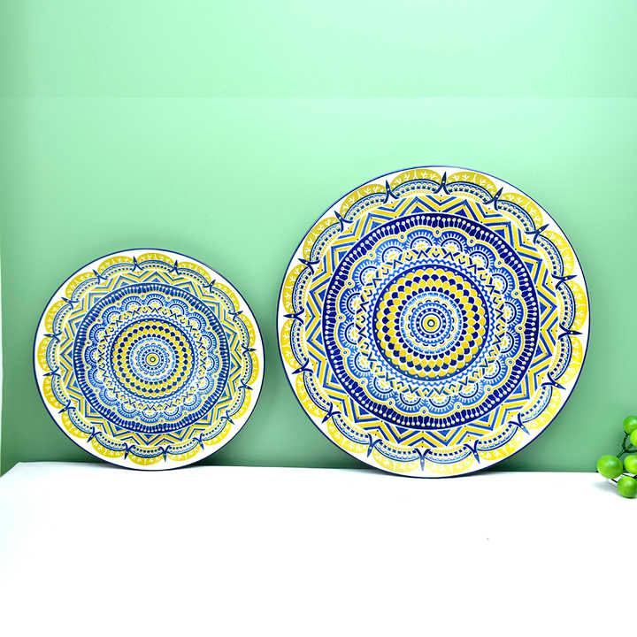 Wholesale household 7.5 inch ceramic food soup fruit Hand painted coloured glaze round deep shallow bohemian plate