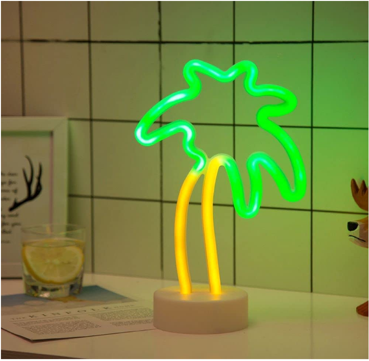 LED Coconut Tree Neon Lights Sign with Stand Base, Battery or USB Powered, 28cm, IP20, 4000h Working Lifetime, Perfect for Home Decor, Parties, and Holiday Decorations, Green Neon Light