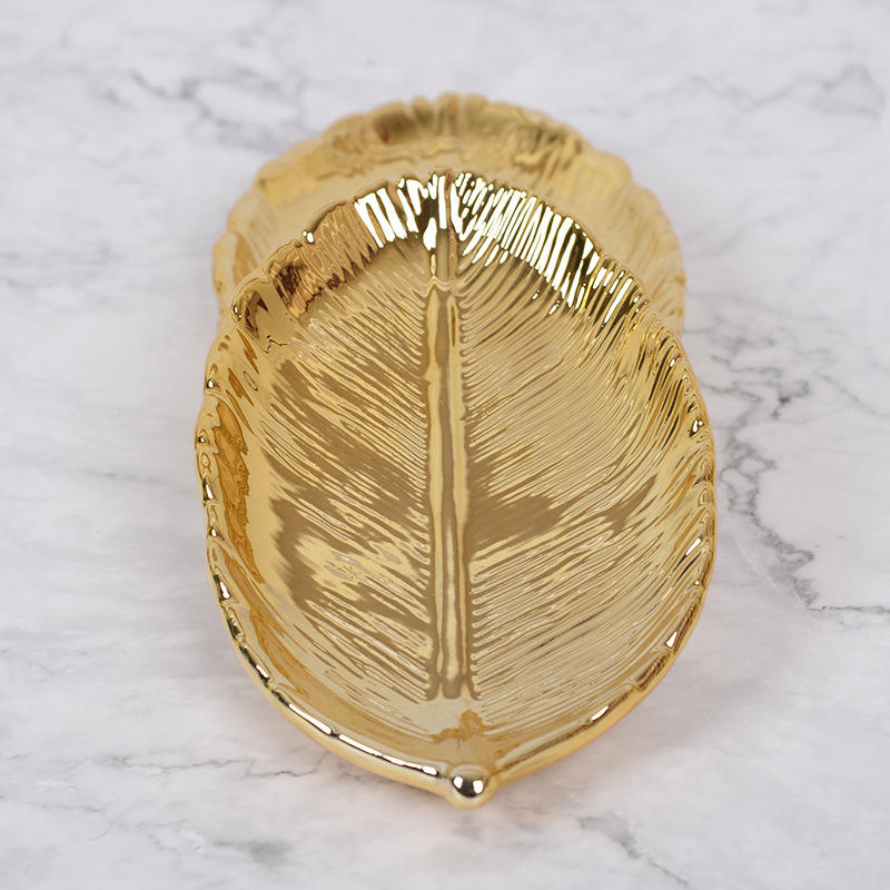 Nordic Golden Leaves Ceramic Plate - Porcelain Candy Tray, Trinket Dish, and Jewelry Storage - Elegant Tableware Decorative Piece for Home Decor and Organizing Small Items