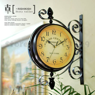 European style wrought iron double-sided wall clock simple living room home clock retro clock