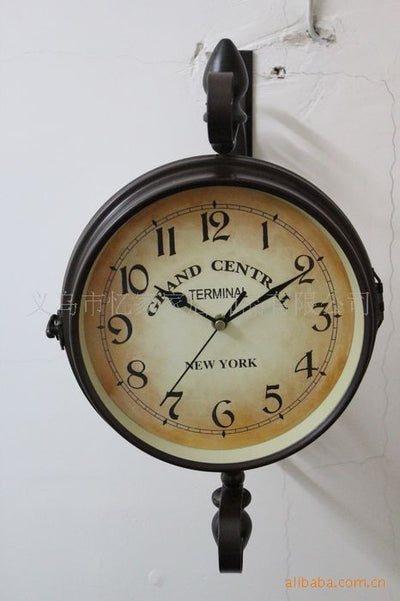 European style wrought iron double-sided wall clock simple living room home clock retro clock