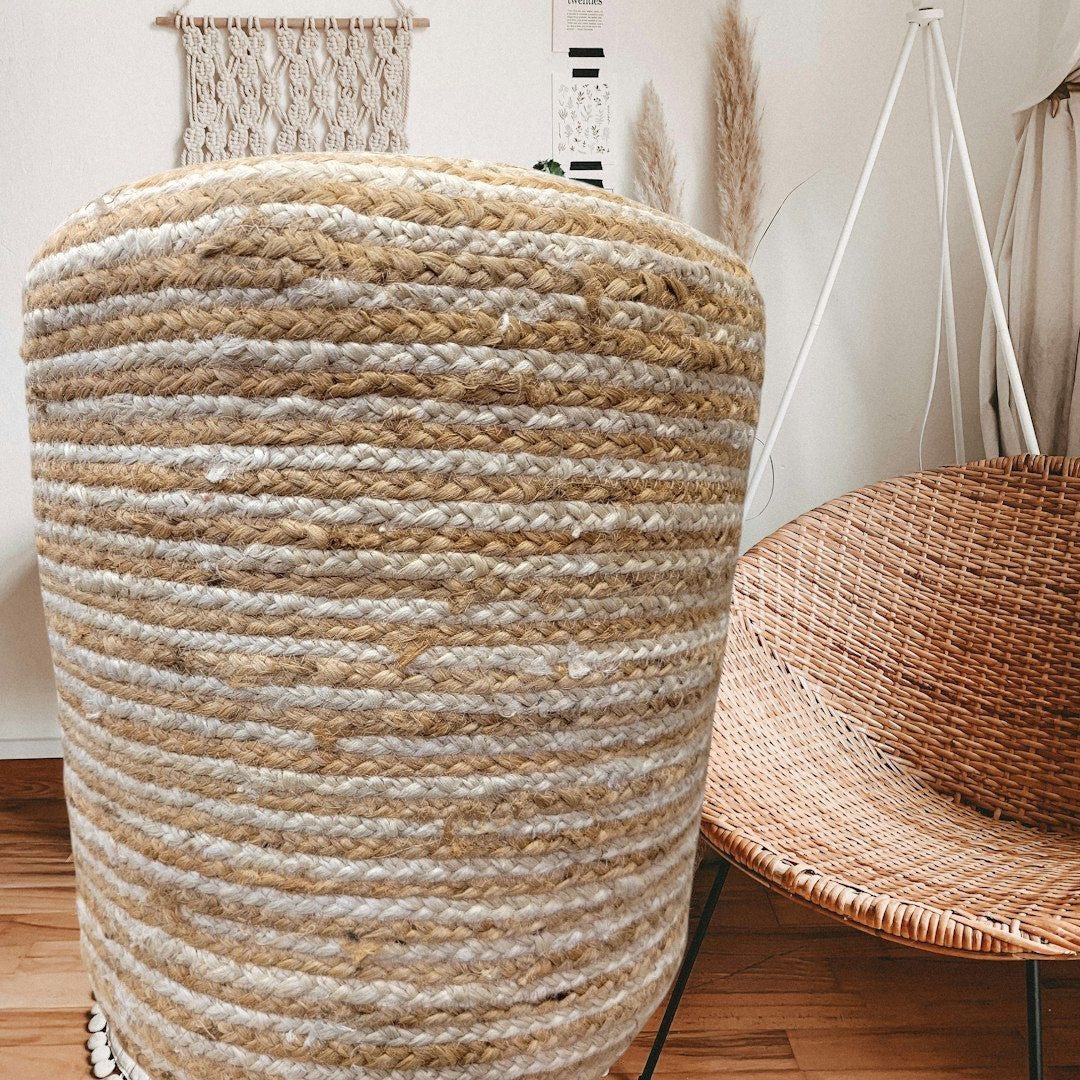 PUNE Striped Jute Braided Round Pouf 40x40x40cm - Handwoven Natural Jute Ottoman, Versatile Seating & Décor, Eco-Friendly, Sturdy, Lightweight Pouf for Living Room, Bedroom, or Patio