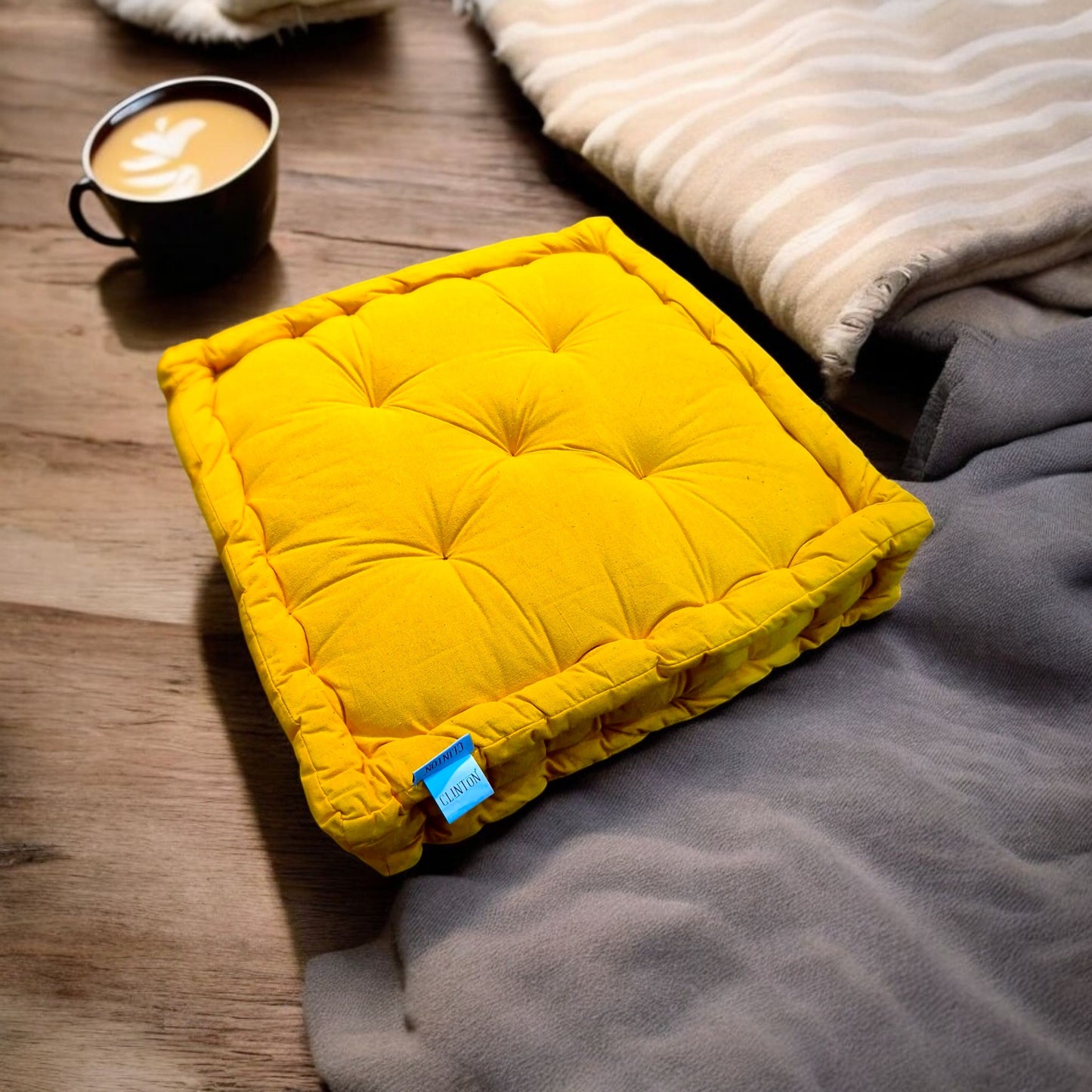 Plush Rectangular Floor Cushion 45x45x10cm - Soft Cotton Yellow Pillow for Comfortable Seating and Decor