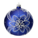 Winter Bloom: Elegant Blue Christmas Bauble with White Floral Design – Durable & Shatterproof Holiday Ornament, 4-Inch Diameter