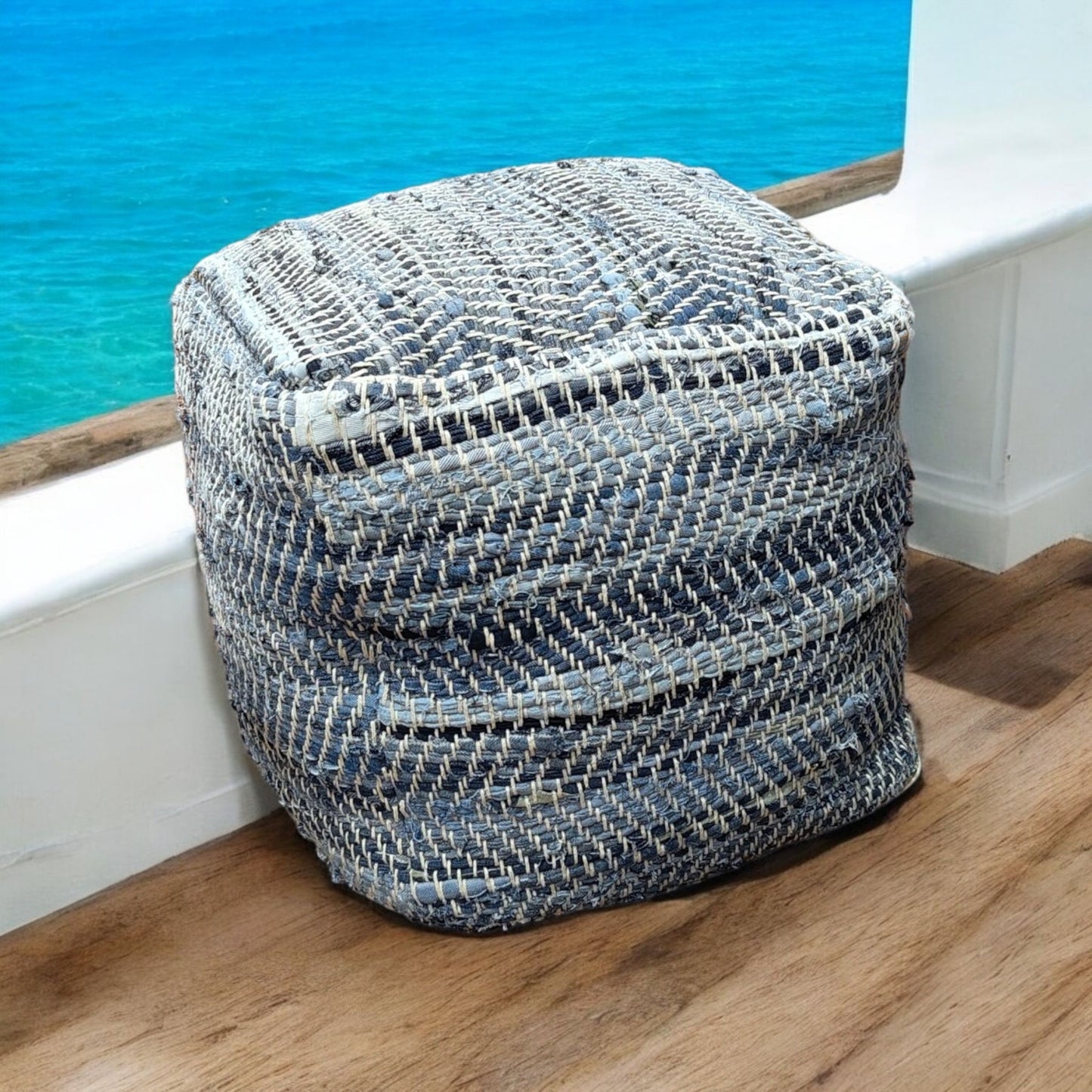 TEXTURED Denim Pouf 40x40x40CM - Stylish, Durable, and Versatile Pouf for Seating, Footrest, or Decorative Accent in Any Room