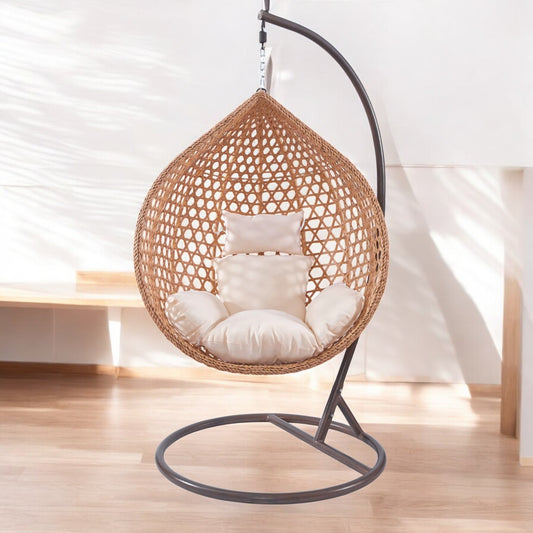 Folding Rattan Hanging Egg Chair with Metal Stand, Modern Patio Hammock Swing for Living Room, Outdoor, and Farmhouse Use, 60x60x60 cm, 30 kg