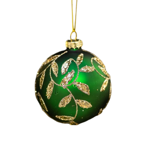 Nature’s Holiday: Green Bauble with Golden Leaf Design – Elegant Christmas Ornament, Durable & Shatterproof