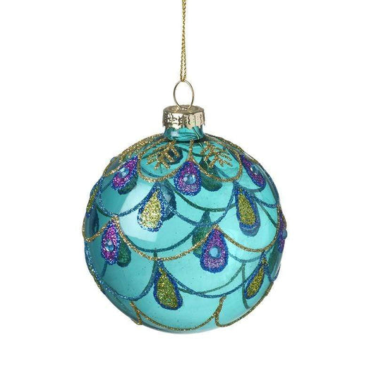 Opulent Teal Peacock Bauble – Exotic Holiday Ornament, Handcrafted with Luxurious Detailing, 3" Diameter, Perfect for Elegant Festive Decor