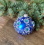 Frosted Beauty: Elegant Blue Christmas Bauble with Silver Leaf Design - Shatterproof, 3-Inch Holiday Ornament