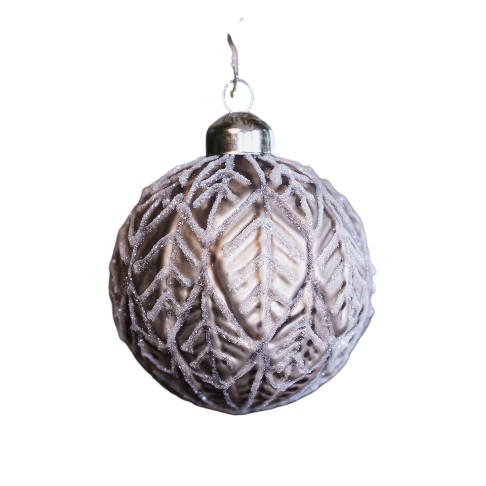 Earthy Charm: Brown Bauble with White Leaf Design – Elegant Holiday Ornament for Christmas Tree Décor, Handcrafted and Unique