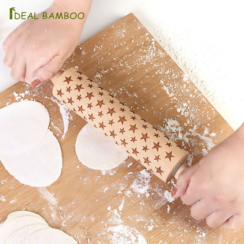 Wooden Christmas Embossed Rolling Pin Beech Reindeer Trees Patterns Christmas Tool