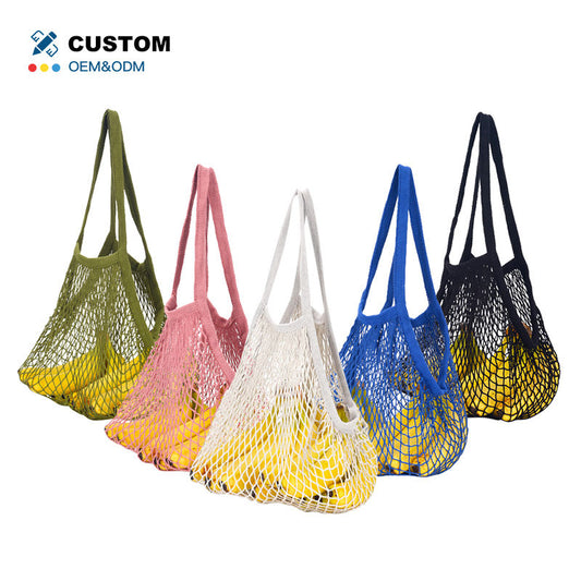 35X36CM Long Handle 1.5x25cm Black Cotton Mesh Net String Grocery Shopping Tote Bag