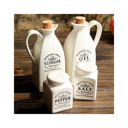 handmade glazed porcelain oil & vinegar bottles cork stopper with salt and pepper shakers