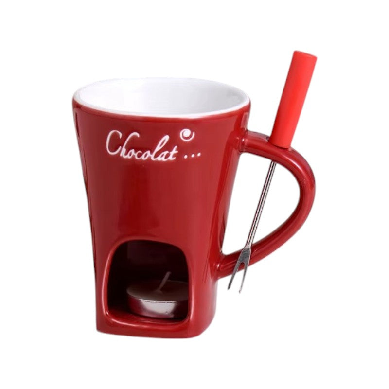 Red Chocolate Warmer Ceramic Cheese Chocolate Fondue Set, 6-Piece Fondue Pot with Forks, Ideal for Parties and Gatherings