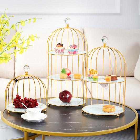 New Design Afternoon 3 Tier High Tea Cake Stand Golden Metal Birdcage Rack Wedding Marble Cake Stand