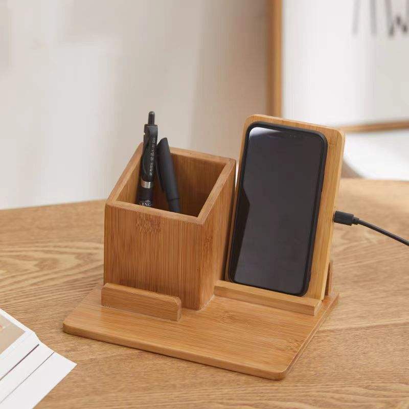 Wooden desktop storage box Penholder with wireless inductive charging board Charging stand Lazy mobile phone charging bracket