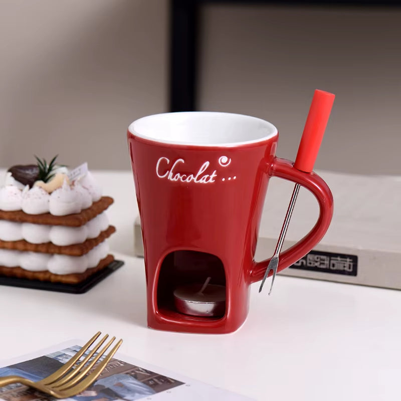 Red Chocolate Warmer Ceramic Cheese Chocolate Fondue Set, 6-Piece Fondue Pot with Forks, Ideal for Parties and Gatherings