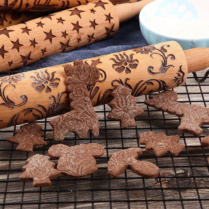 Wooden Christmas Embossed Rolling Pin Beech Reindeer Trees Patterns Christmas Tool