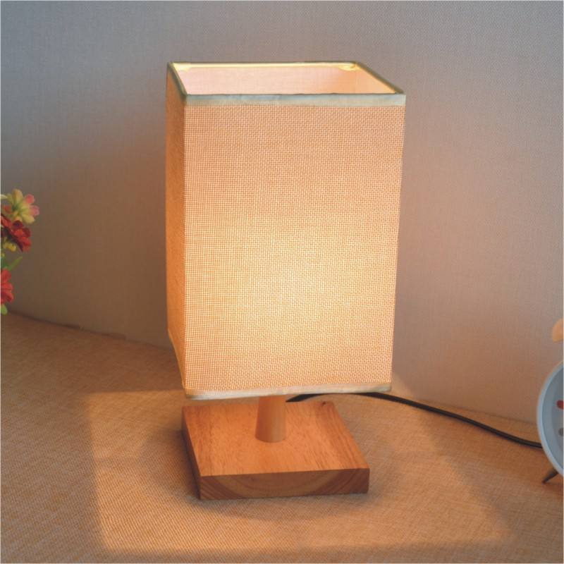 Modern Square Wooden Base Table Lamp Fabric Lampshade Indoor Led Table Lamp Restaurant