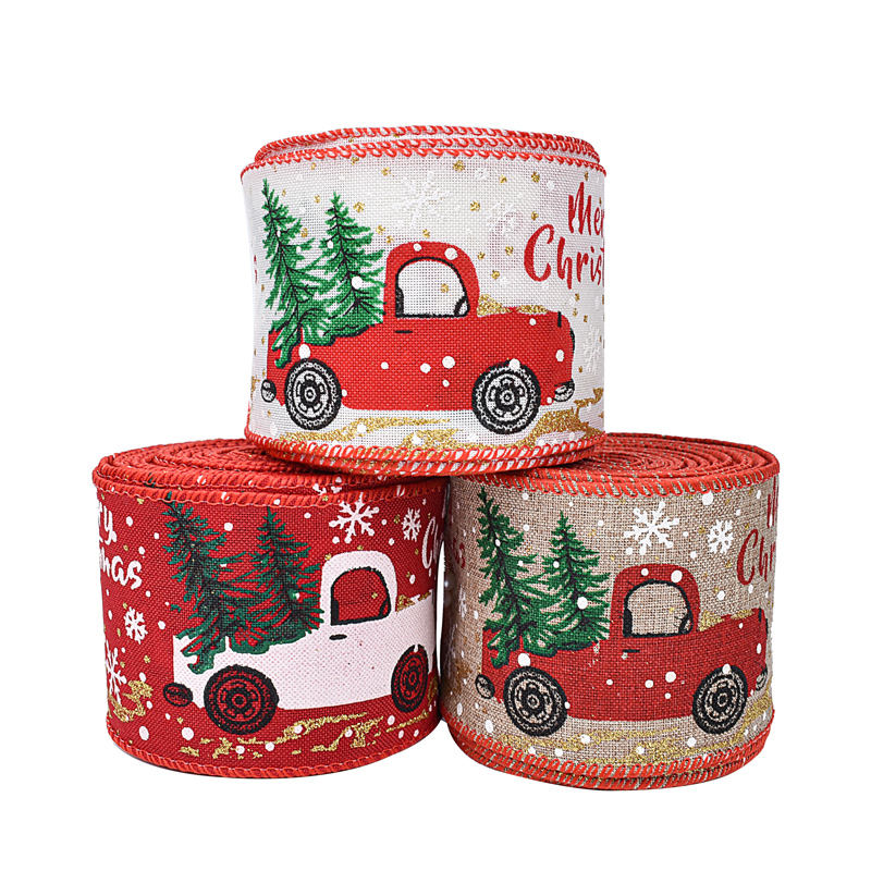 2.5 inch Custom Ribbon Christmas Snow Car Printed Logo Linen 5m Gold Ribbon Xmas Burlap Christmas Ribbon Wire Edge